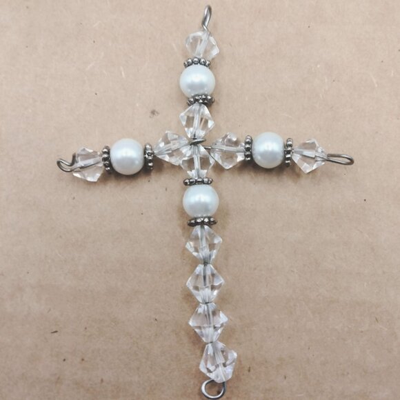 Handcrafted Crystal Pearl Cross Easter Christian Ornament - Picture 1 of 4